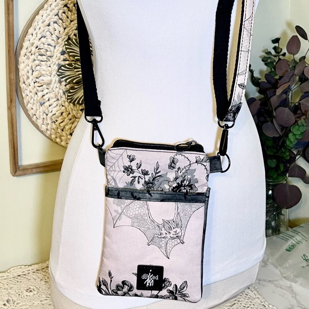 Dusty Rose Happy Bat, spider webs & Roses Cell Phone Pouch Sling